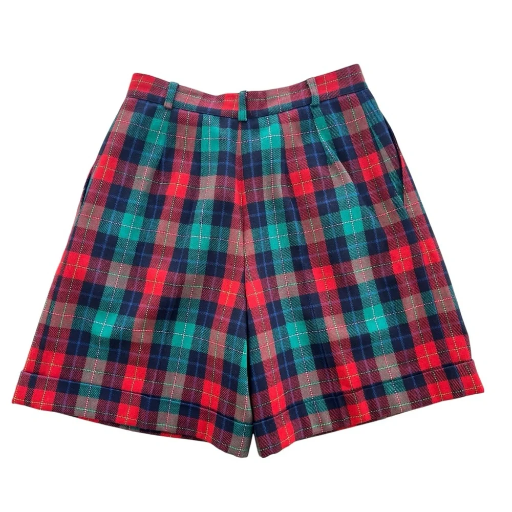 Signature Expressions Women 14 Red Green Plaid Wool Blend Culotte Pleated Shorts